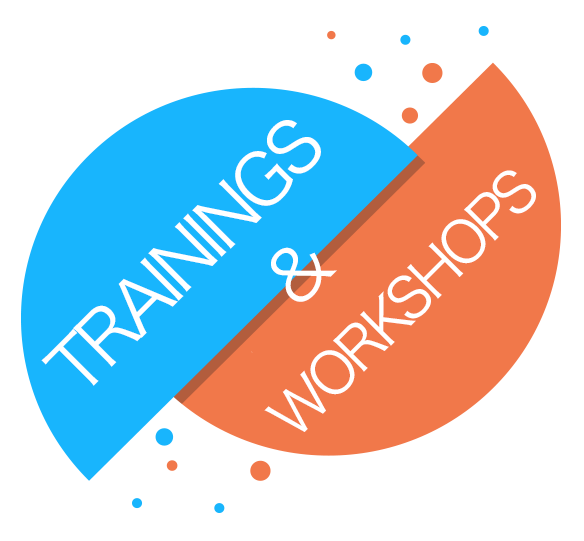 Image of 2 halves of a circle: 1 says training with a blue background and the other half says workshops with an orange background.